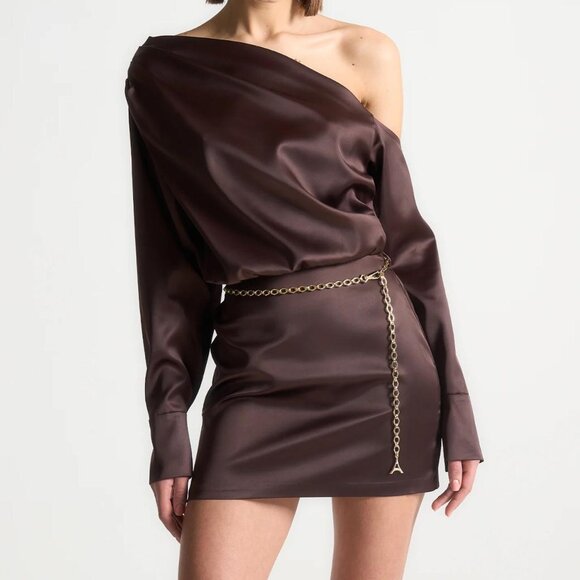 NEW Manière De Voir Dark Chocolate Brown Off Shoulder Satin Dress Size 42/ US 10 - Picture 2 of 11